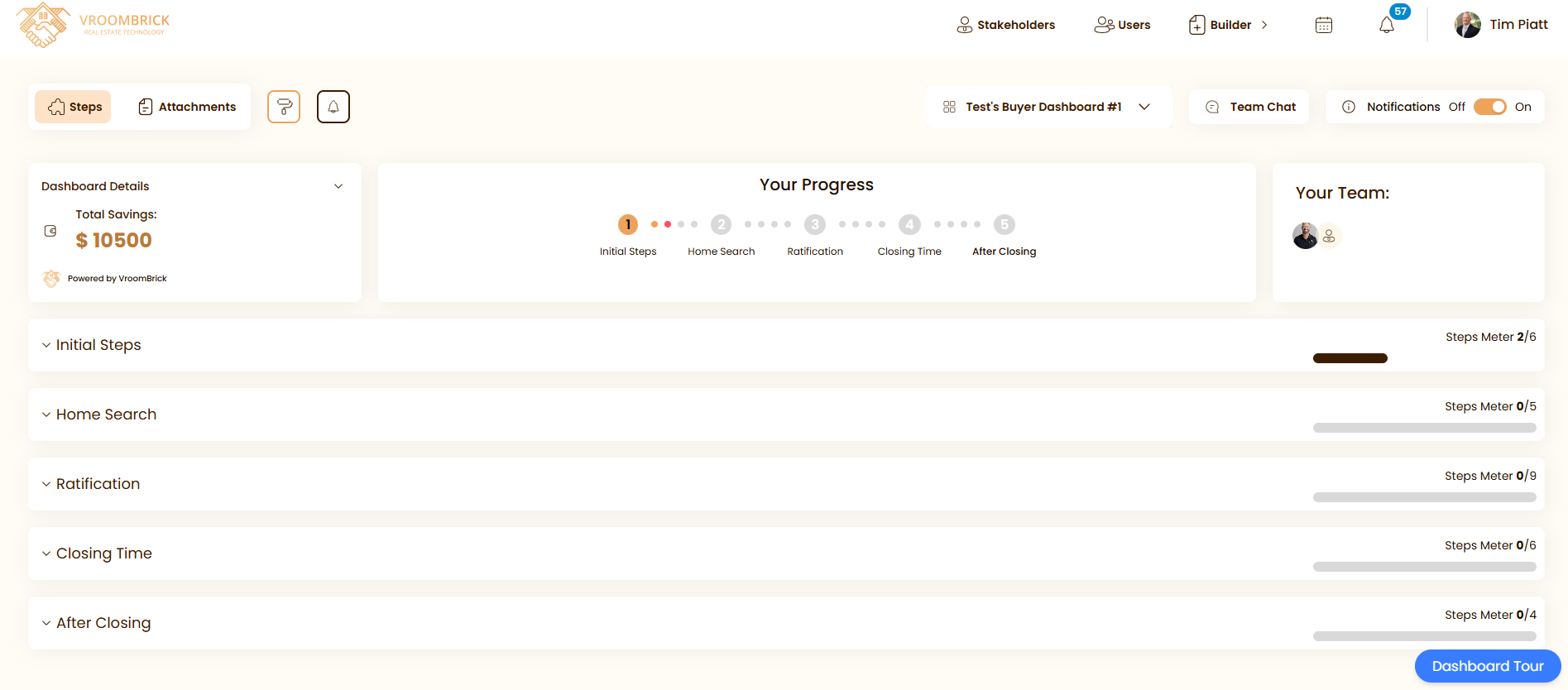 The VroomBrick buyer dashboard showing transaction progress, total savings, your team, and per-phase steps meters
