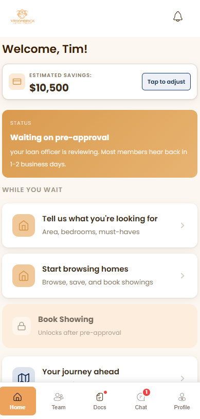 The VroomBrick mobile experience showing transaction status and next-step tasks