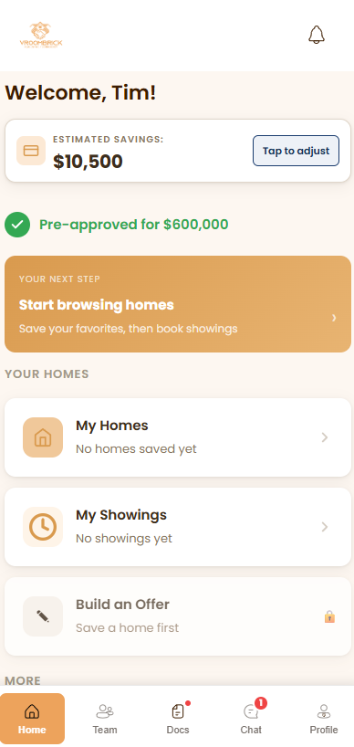 VroomBrick app showing 'Pre-approved for $600,000' with orange CTA to start browsing