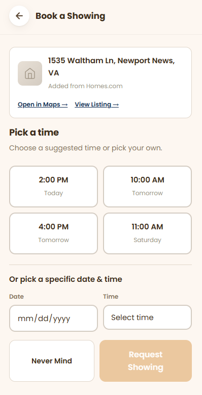 VroomBrick app 'Book a Showing' screen with property card and quick time-slot picker