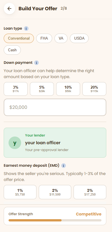 VroomBrick app 'Build Your Offer' step 2 of 8 showing loan type, down payment, and Competitive offer strength
