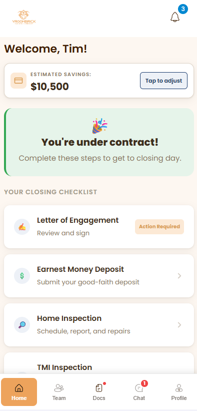 VroomBrick app 'You're under contract!' with closing checklist: Letter of Engagement, Earnest Money Deposit, Home Inspection